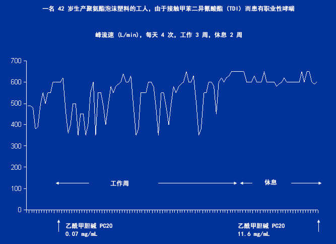 职业性哮喘患者的呼气峰流速 (PEFR) 和乙酰甲胆碱激发试验结果